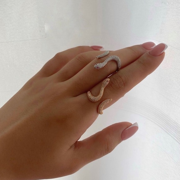 Silver Snake Ring Silver Color Zircon Adjustable Ring - Picture 4 of 9